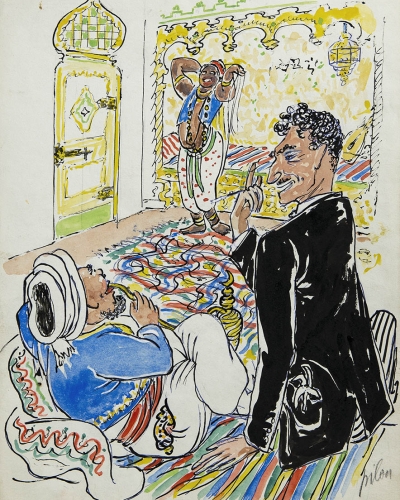 Osnutek ilustracije za Tartarina iz Tarascona, 1954, kolorirana perorisba s tušem, papir, 31,8 x 23,4 cm
